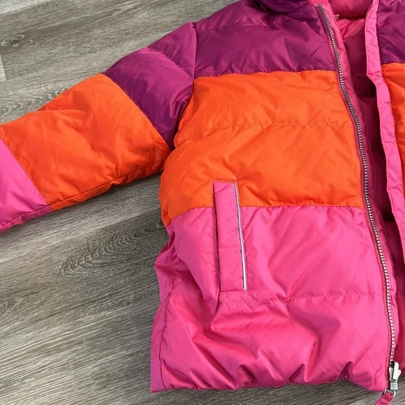 Hanna Andersson reversible kids winter puffer down jacket solid pink/stripe 10
